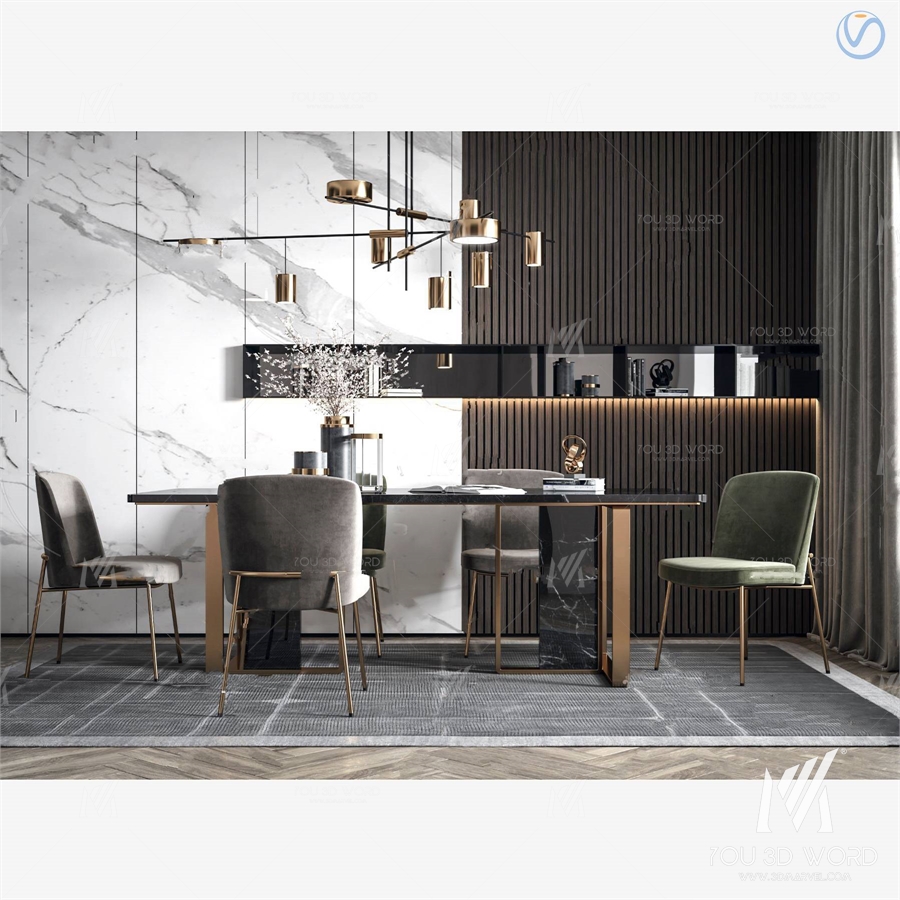 3d model of modern light luxury dining table and chairs